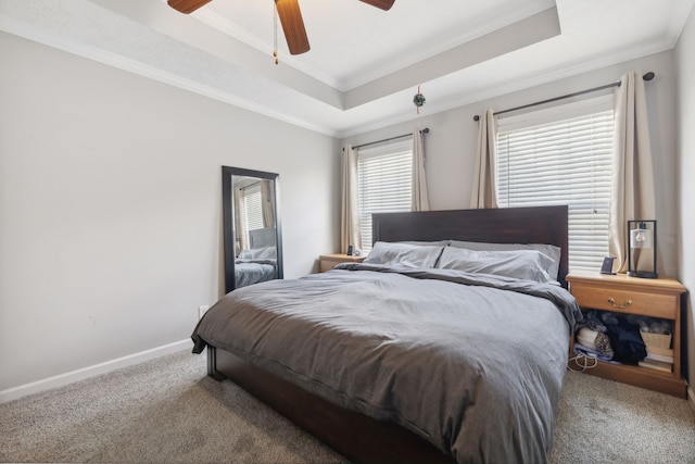 bedroom with carpet, ornamental molding, and ceiling fan