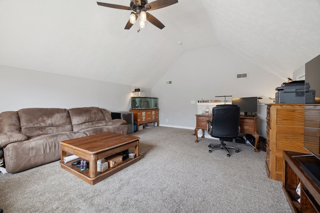 carpeted office with ceiling fan and lofted ceiling