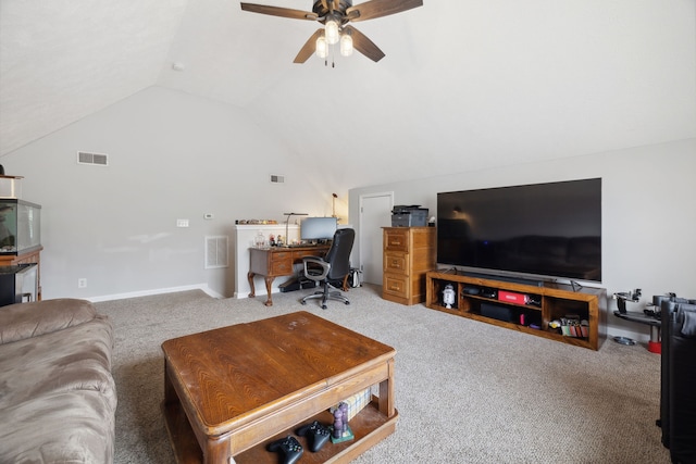 carpeted living room featuring ceiling fan and lofted ceiling