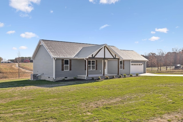 view of front of home featuring a porch, a garage, a front lawn, and cooling unit