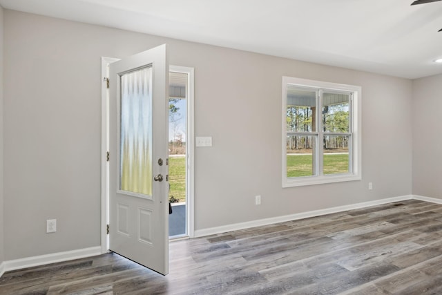 entrance foyer with ceiling fan and wood-type flooring