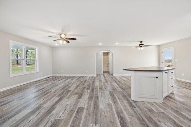 unfurnished living room with ceiling fan and light hardwood / wood-style floors