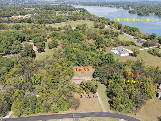 bird's eye view featuring a water view and a view of trees