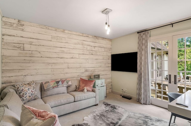 2304 Valley Brook Rd, Nashville, TN 37215 - carpeted living room featuring french doors and wood walls