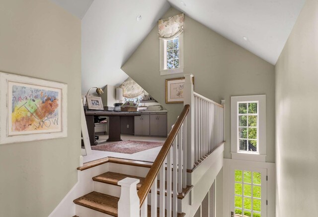 2304 Valley Brook Rd, Nashville, TN 37215 - staircase with high vaulted ceiling