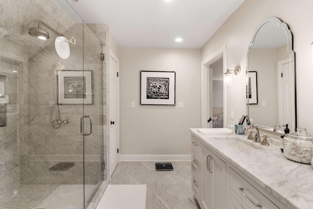 2304 Valley Brook Rd, Nashville, TN 37215 - bathroom featuring vanity, marble finish floor, baseboards, recessed lighting, and a shower stall