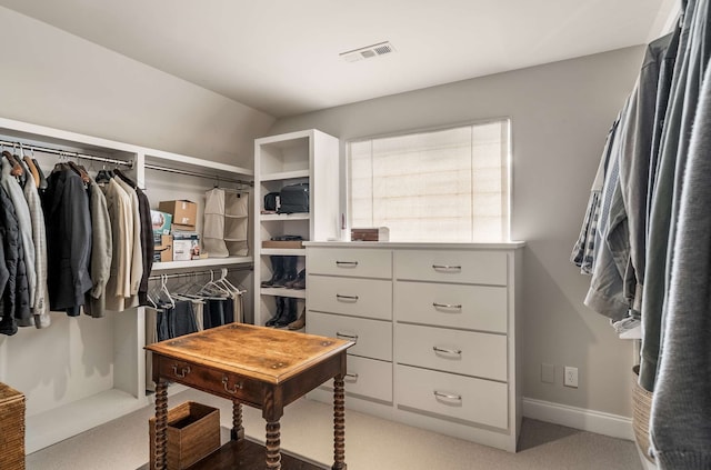 walk in closet with light carpet