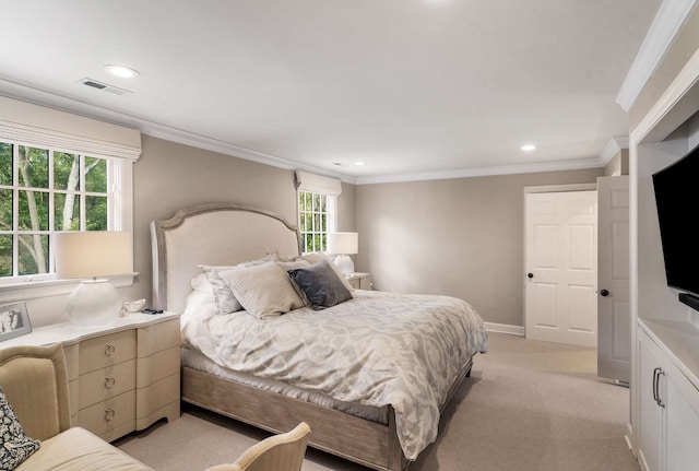 bedroom featuring light carpet and ornamental molding