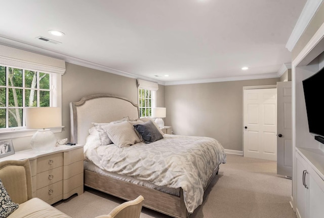 2304 Valley Brook Rd, Nashville, TN 37215 - bedroom featuring crown molding, recessed lighting, visible vents, and light carpet