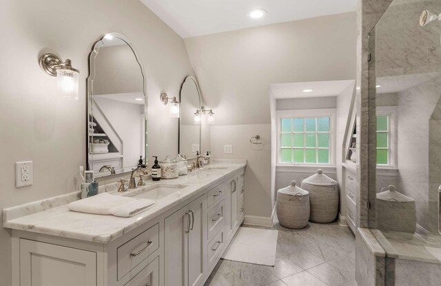 2304 Valley Brook Rd, Nashville, TN 37215 - full bathroom with double vanity, walk in shower, a sink, and marble finish floor