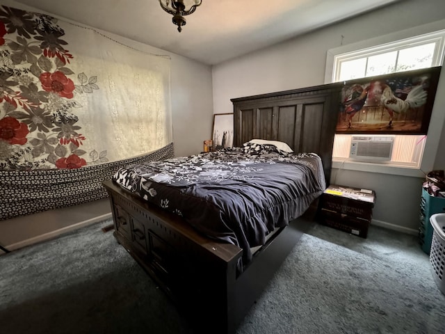 bedroom with dark carpet