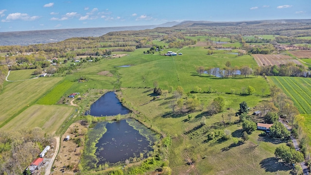 bird's eye view with a water view and a rural view