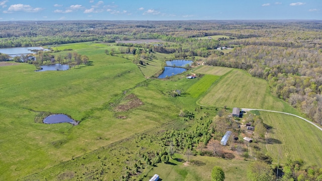 aerial view featuring a water view and a rural view