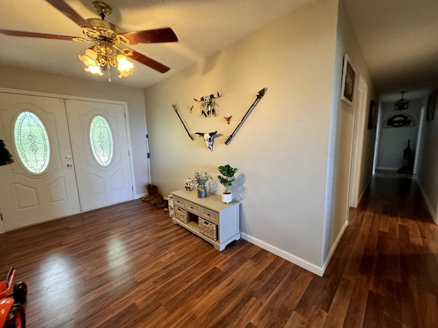 entrance foyer featuring ceiling fan and dark hardwood / wood-style floors