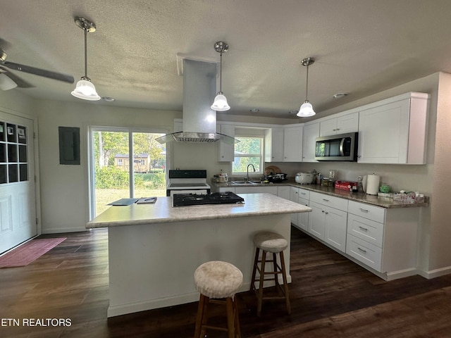 kitchen with island range hood, pendant lighting, dark wood-type flooring, and white cabinetry