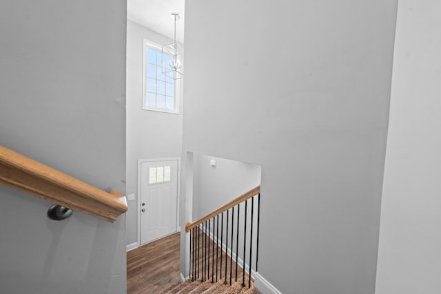 staircase with wood-type flooring and a notable chandelier