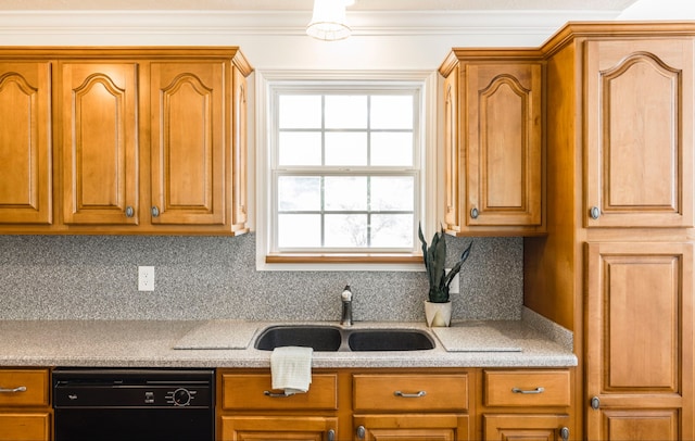 kitchen featuring ornamental molding, black dishwasher, sink, and decorative backsplash