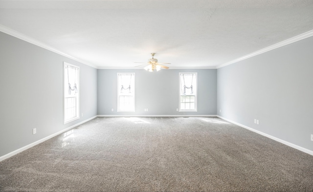 carpeted empty room featuring ornamental molding and ceiling fan