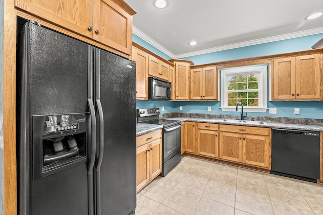 kitchen with light tile patterned floors, sink, ornamental molding, and black appliances