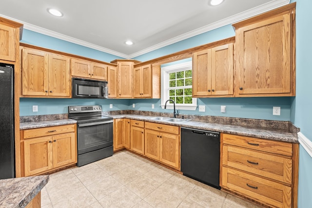 kitchen with light tile patterned flooring, crown molding, sink, and black appliances