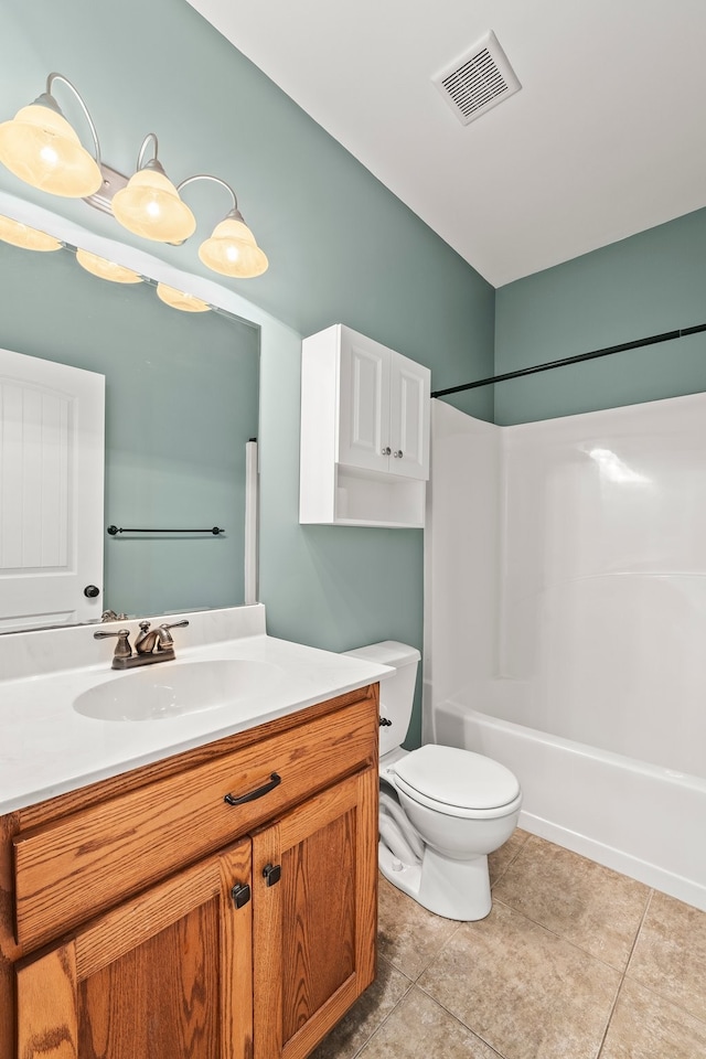 full bathroom with bathtub / shower combination, tile patterned flooring, vanity, and toilet