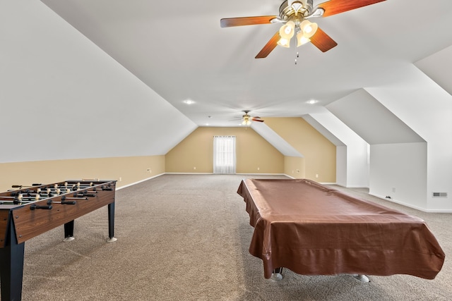 playroom with lofted ceiling, carpet flooring, ceiling fan, and billiards