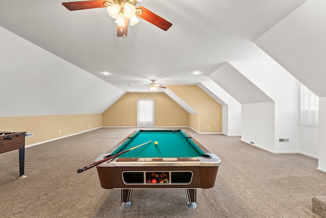 playroom with carpet, vaulted ceiling, ceiling fan, and billiards