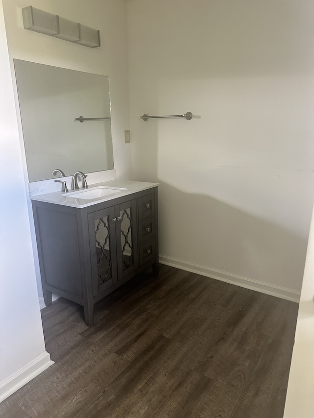 bathroom with wood-type flooring and vanity