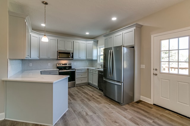 kitchen with a healthy amount of sunlight, hanging light fixtures, light hardwood / wood-style floors, and stainless steel appliances