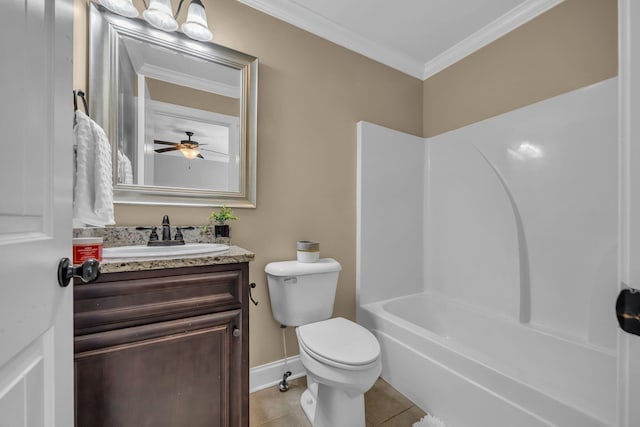 full bathroom with vanity, ceiling fan, crown molding, tile patterned flooring, and toilet