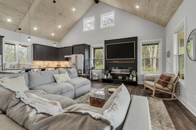 living room featuring high vaulted ceiling, wood ceiling, plenty of natural light, and dark wood-type flooring