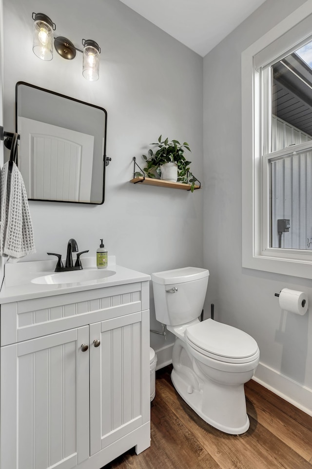 bathroom with vanity, hardwood / wood-style floors, and toilet