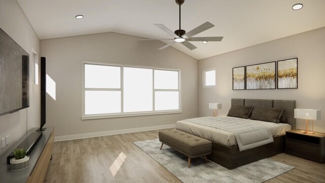 bedroom featuring light wood-type flooring, baseboards, a ceiling fan, and lofted ceiling