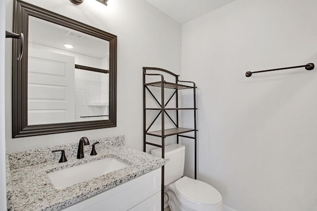 202 Summit St, Woodbury, TN 37190 - bathroom featuring visible vents, toilet, vanity, baseboards, and a shower