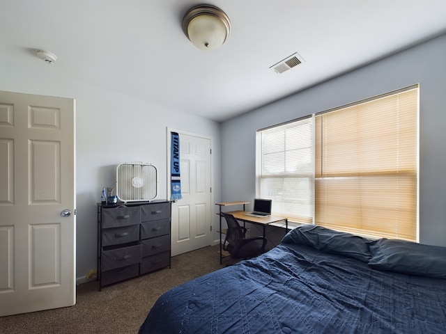 bedroom with dark carpet