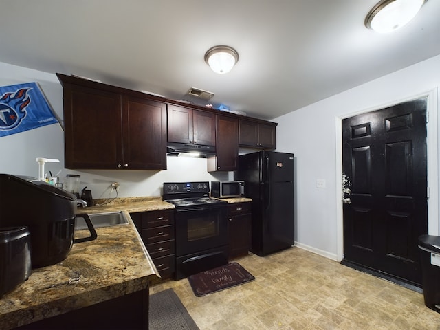 kitchen featuring dark brown cabinetry, sink, stone countertops, and black appliances