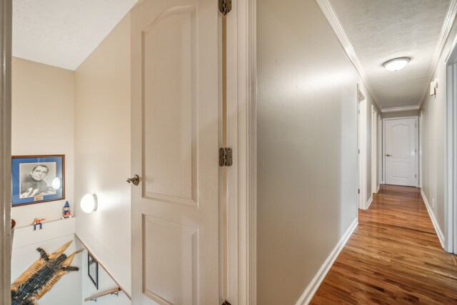 hallway featuring crown molding and hardwood / wood-style floors