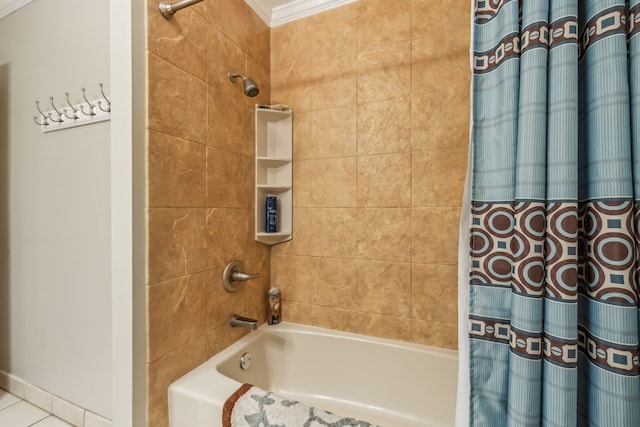 bathroom with tile patterned floors, shower / tub combo, and crown molding