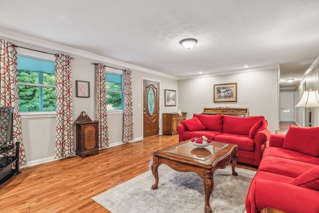 living room featuring light wood-type flooring and ornamental molding