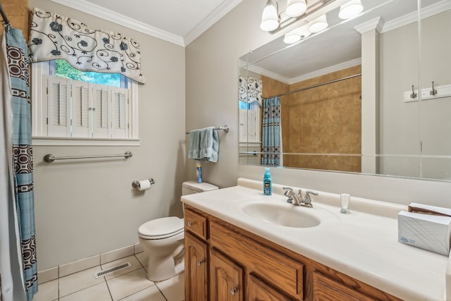 bathroom featuring tile patterned flooring, walk in shower, ornamental molding, vanity, and toilet