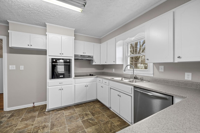 kitchen with white cabinetry, sink, black appliances, crown molding, and a textured ceiling