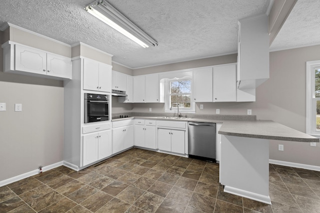 kitchen with sink, ornamental molding, kitchen peninsula, stainless steel appliances, and white cabinets