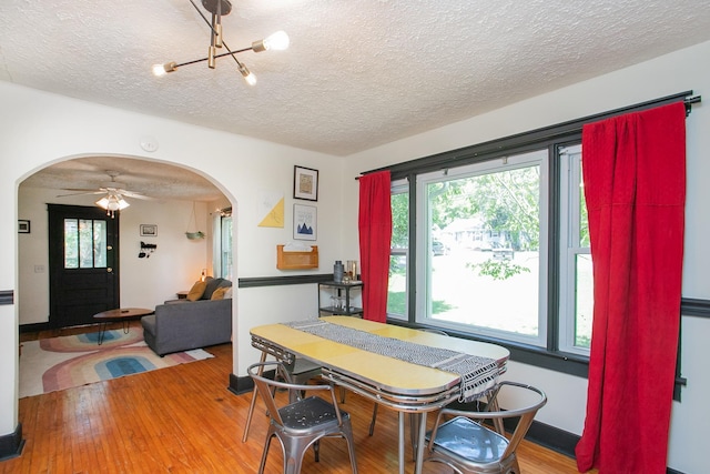 dining room featuring ceiling fan with notable chandelier, wood-type flooring, and a textured ceiling