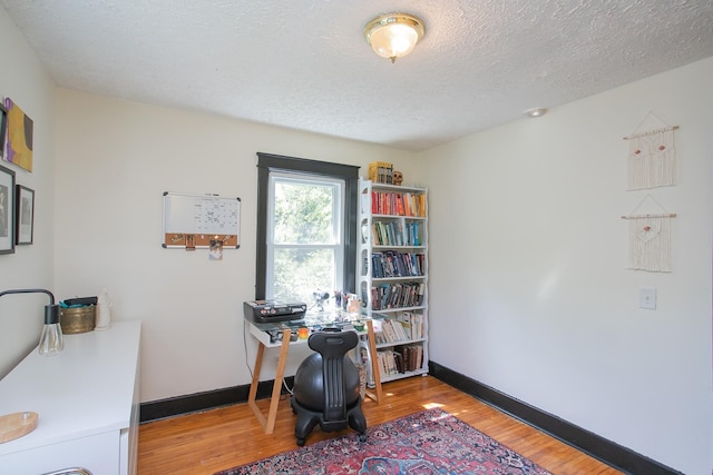 office with wood-type flooring and a textured ceiling