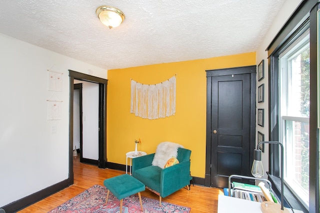 sitting room featuring light hardwood / wood-style floors and a textured ceiling