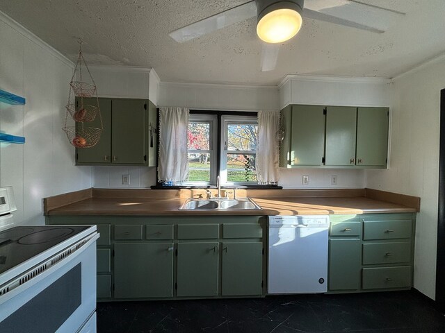 kitchen featuring sink, crown molding, a textured ceiling, white appliances, and green cabinetry