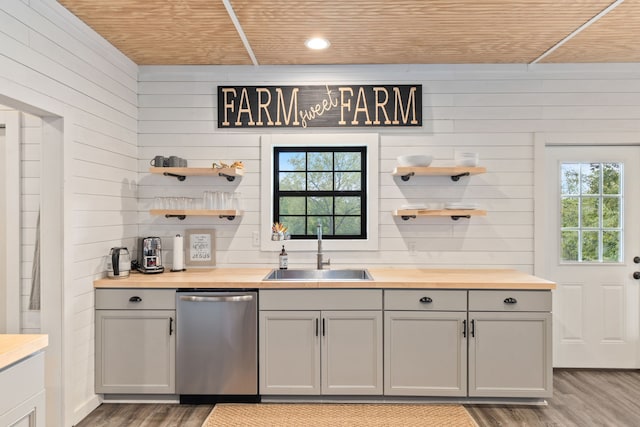 kitchen featuring butcher block countertops, dishwasher, gray cabinets, wood-type flooring, and sink