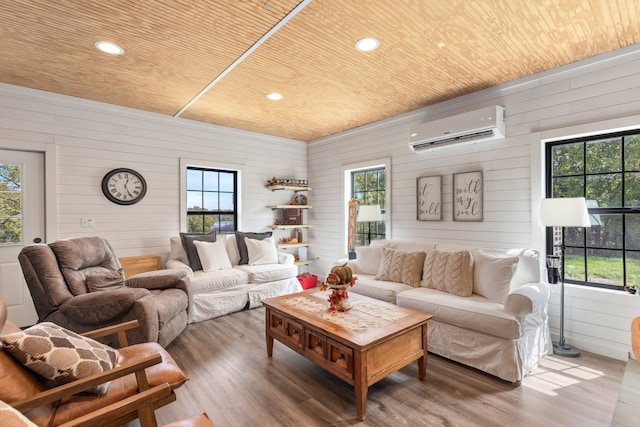 living room with wood-type flooring, a healthy amount of sunlight, and a wall mounted AC