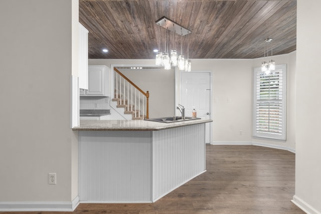 kitchen with wood ceiling, pendant lighting, white cabinets, and dark wood-type flooring