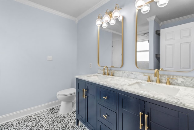 bathroom featuring tile patterned flooring, vanity, toilet, and ornamental molding